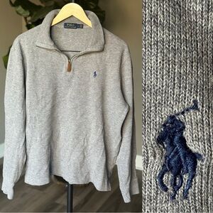 Ralph Lauren Heather Gray Navy Blue Brown Accent Zip-Up Long Sleeve Sweater
